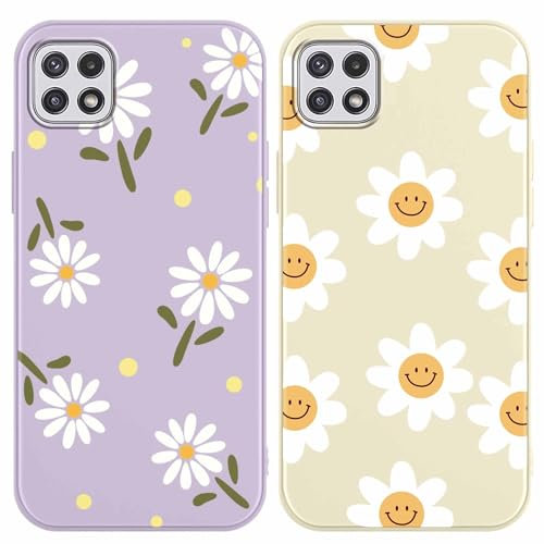 Yoedge 2 Pack Cute Smile Print Suitable for Samsung Galaxy A22 5G 6.6 Inch Phone Case, Daisy Pattern Aesthetic Shell Soft Silicone TPU Shock-Absorbing Cover, Suitable for Women and Girls