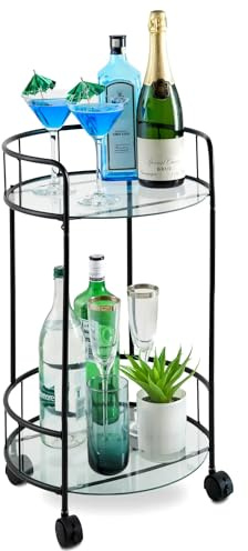 YORKSHIRE HOMEWARE Black Drinks Trolley Glass Shelves Serving Bar Cart with Wheels Perfect for Home, Living Room, Serving Drinks Modern Drink Cart Small Beverage Trolley, W37 x D36.5 x H62 cm - Black