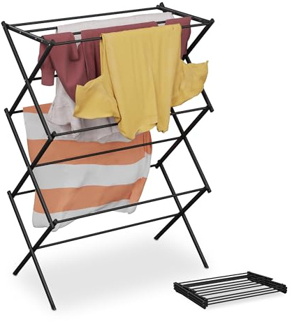 Relaxdays Tendedero Torre Plegable, con 11 Barras, 104 x 73 x 38 cm, Tenderete Interiores para Secar Ropa, Metal, Negro, Hierro