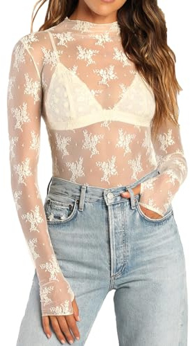Women's Mesh Long Sleeve Top Mock Neck Sheer Blouse Floral Lace Layering Tops Y2k See Through Tee Shirt Spring Autumn Streetwear (Creamy-White, L)