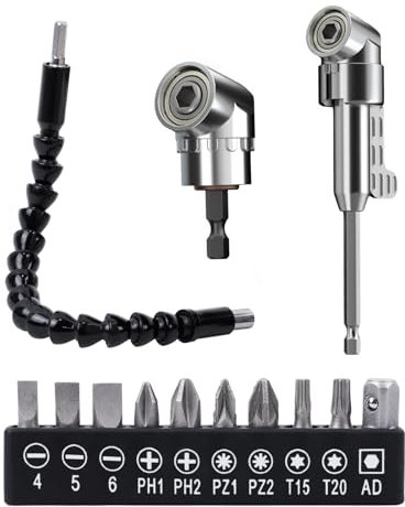 BoxedHome 13PCS Right Angle Drill Attachment, 105 Degree 1/4 Inch (1PC Short & 1PC Long) with 10 PCS Screwdriver Bits Angle Drill Attachment, 1PC Flexible Angle Extension Bit Kit