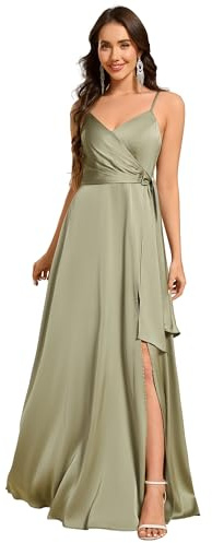 Ever-Pretty Abito Cerimonia Donna Raso Lungo con Cinturino a Spaghetti Abito Damigella Scollo a V con Spacco Laterale Vestito da Sera Verde Salvia 38