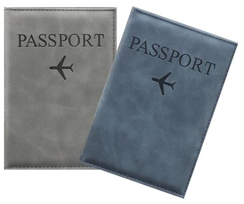 Reisepasshülle, 2er Set PU-Leder Reisepass-Etui mit RFID-Schutzfunktion, geeignet für Reisepass, Kreditkarten, Personalausweis, Bordkarte, Visitenkarten (grau + blau)