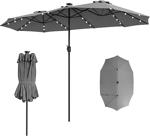 COSTWAY 3.8m/4.5m Double-Sided Parasol, 12 Heavy-Duty Ribs Extra Large Sun Umbrella with 108/48 LED Lights & Crank Handle, Outdoor Twin Market Sunshade Shelter Canopy (Grey, 460 x 287 x 260cm)