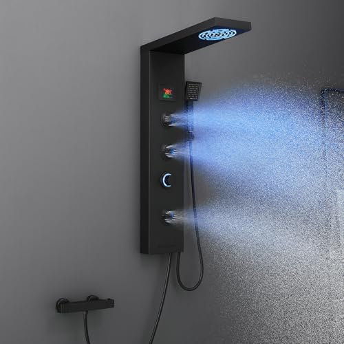 KINKIBOS Duschpaneel ohne Armatur, 6 Funktionen Duschpaneel mit LED Temperaturanzeige Regendusche, Nebeldusche, 2 Modi Massagedüsen, Handbrause und Wanneneinlauf, Duschsäule Edelstahl, Matt Schwarz