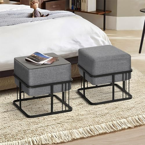[en.casa] Set 2 Pouf 2in1 Reversibili Impilabili Seduta Imbottita e Piano Rigido in MDF Telaio in Metallo Tavolino Poggiapiedi Sgabello Rettangolari 38x38x38 cm Grigio Scuro