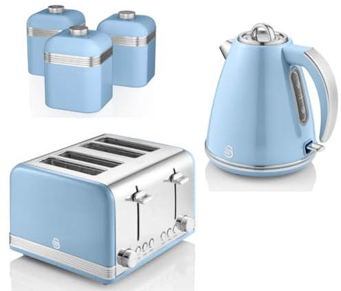 Swan Retro Blue 1.5L 3KW Jug Kettle, 4 Slice Toaster and Tea, Coffee, Sugar Canisters. Matching Retro Kitchen Set in Blue