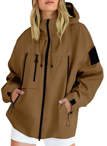 Lightweight Waterproof Jacket Womens, Casual Outdoor Raincoats with Hooded, Breathable Zip Up Softshell Jackets with Pockets, For Spring Fall Winter