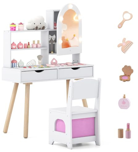 COSTWAY Sminkbord för Barn med LED-spegelskåp – Toalettbord Prinsessa med 3-färg LED-belysning, 2 Lådor, 3 Krokar och Tillbehör – Inkl. Stol – För Barn från 3 År – Vit