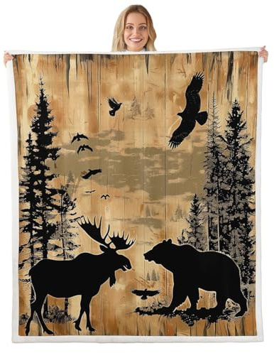 jejeloiu Moose Bear Silhouette Sherpa Blanket Plush Fuzzy Western Cabin Fleece Throw Blanket Boys Girls Wood Grain Retro for Bed Couch Chair Living Room Rustic Country Farmhouse Decor Baby 30x40