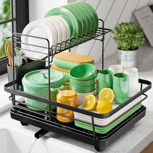Kitsure Space-Saving Dish Drainer Rack with Cutlery Holder, 2-Tier, Black | Rust-Resistant Dish Racks for Kitchen Counter, Automatic Drainage Draining Board Rack, Bowl And Utensil Storage