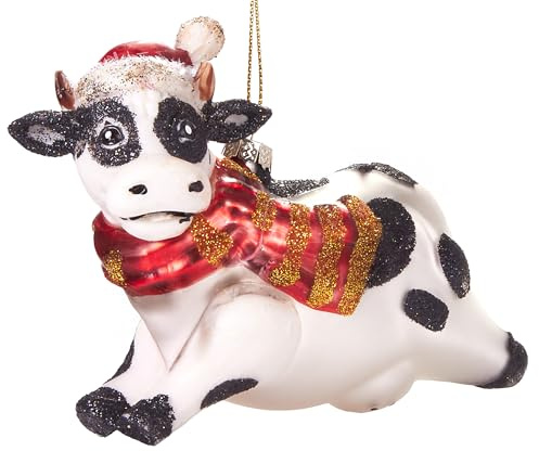 BRUBAKER Kuh Weihnachtskugel aus Glas mit Weihnachtsmütze und Schal - Handbemalt & Mundgeblasen - Bauernhof Christbaumschmuck Figuren lustig Deko Anhänger Baumkugel - 11 cm