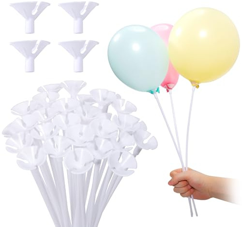 Pllieay 35 Pieces 12.6 Inch Balloon Sticks, Plastic White Balloon Stick with Cups for Birthday Party, Valentine's Day, Wedding, Anniversary Decoration, Balloon Sticks with Base