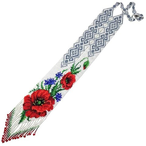 WORLD WIDE GEMS Collana Gerdan ucraina con fiori di papavero, perline tradizionali, gioielli ucraini multicolore fatti a mano |WW_UKRN_1294