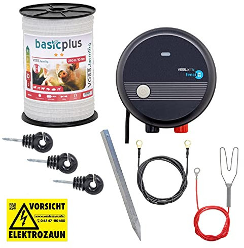 VOSS.farming Hobby Weidezaun Starterset komplett mit Weidezaungerät, 10mm Weidezaunband, Erdpfahl und Isolatoren - Extrem leises Gerät, 230V Hundezaun