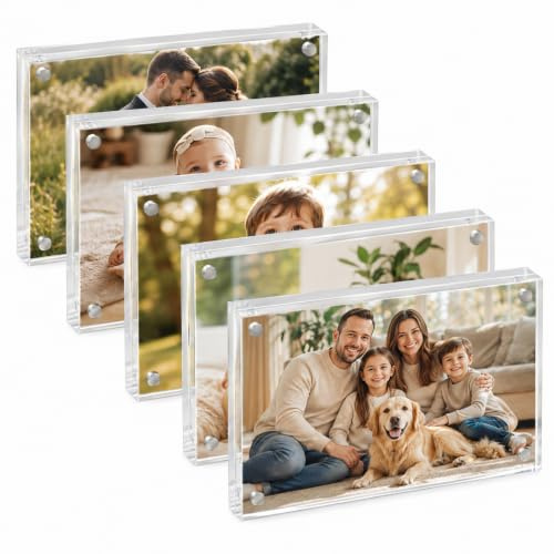 Toolsure 5PACK Acrylic Picture Frames 4x6 Magnetic Acrylic Picture Frames,Freestand Photo Frame Bulk,4 by 6 Clear Double-Sided Picture Frame with Gift Box Christmas Gift