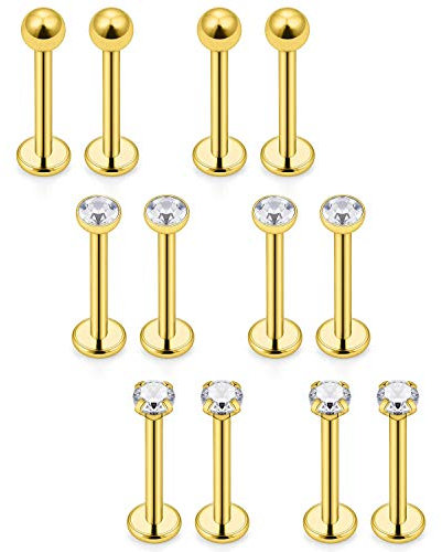 Mayhoop 12er 16G 1.2mm Knorpel Tragus Helix Piercing Chirurgenstahl CZ Kugel Lippenpiercing Labret Stecker 3 Stil 8mm Gold