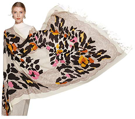 DANA XU 100% Merino Wool Pashmina Shawl for Women 96x43, Oversized Cashmere Wrap with Tassels, Floral Travel Blanket Cape