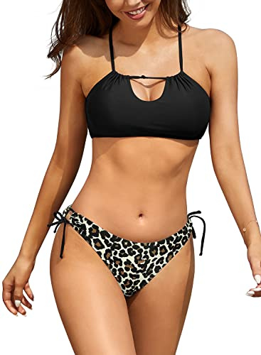 SHEKINI Mujer Traje de Baño Dos Piezas Retro Cuello Alto Acolchada Ajustable Bikini Top Mujer Bañador Bikini Set Impresión Triángulo Parte Inferior de Bikini (S, Negro Y)
