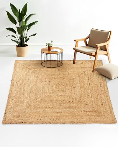 carpetfine Alfombra de Yute Nele Cuadrada Color Natural Beige 250x250 cm Tejido a Mano con Yute | Alfombra Natural Moderna Uni Boho Tejido Plano Cuadrada para salón, Dormitorio, Pasillo y Cocina