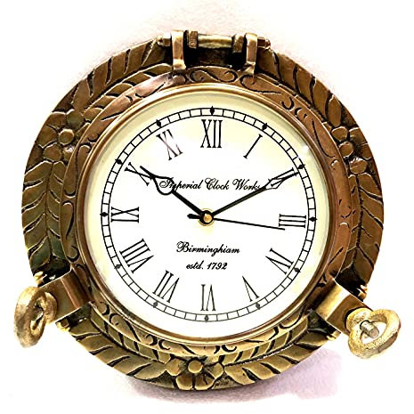 Antique Brown Marine Brass Ship Porthole Engrave Clock 22.86 cm Nautical Wall Clock Home Decor