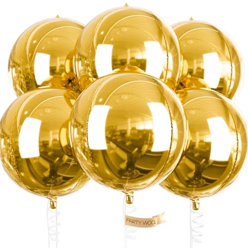 PartyWoo Metallic Gold Foil Balloons 6pcs 22 Inch Large Round Foil Big Giant Orbz 4D Jumbo Inflatable Mirror Ball Mylar Balloons for Graduation Birthday Baby Shower Anniversary Tea Party Decorations