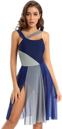 LiiYii Damen Lyrisch Tanzkleid Ärmellose Ballettkleid Eiskunstlauf Kleid mit Tüll Rock Ballerina Kleid Latein Tanzkleid Modern Dance Tanzkleidung Marine Blau S