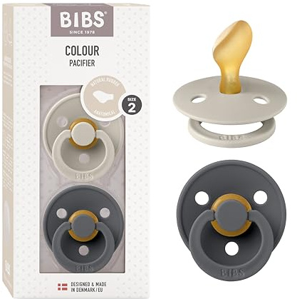 BIBS Colour Anatomical Dummies 2-Pack, BPA Free Dummy Pacifier, Orthodontic Nipple. Natural Rubber Latex, Made in Denmark. 6-18 Months (Pack of 2), Sand/Iron