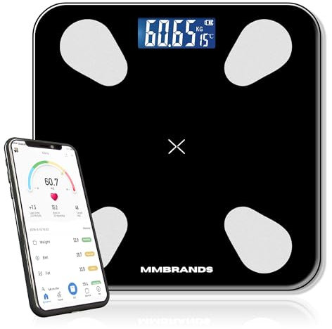 MM Brands Personenwaage Digital mit APP - Körperfettwaage, Waage digital Personen Hochpräzisions-Sensoren Körperwaage mit handsensoren für Körperfett, BMI, weight scale & Muskelmasse - Schwarz