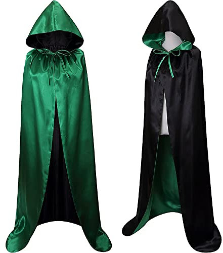 Cape noire à capuche pour costume vampire homme manteau médiéval femme pour Halloween, cape réversible noir rouge vert violet bleu pour costume de sorcière 140 cm (noir/vert)