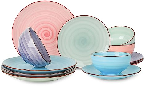 Selamica Ceramic 12-Pieces Dinnerware Sets, Scratch Resistant Plates and Bowls Sets, Handpainted Swirl Dishes Set for 4 with Spray Black Dots, Dishwasher&Microwave Safe, Gradient Color