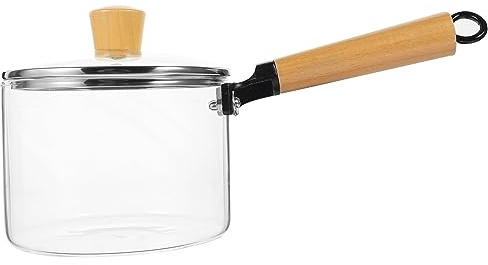 Kichvoe Glass Milk Pot Glass Saucepan with Cover 1500ml Stovetop Pot and Pan with Lid and Wood Handle Clear Cookware Set Cooktop Safe for Pasta Noodle Soup Milk
