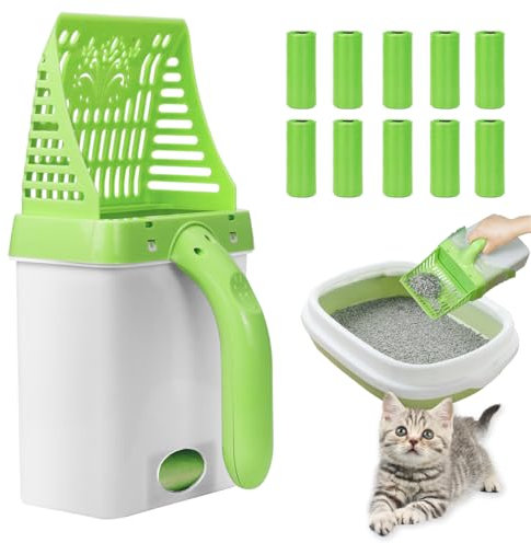 UptVin Katzenklo Schaufel, Katzenstreuschaufel Abnehmbare mit Abfallbehälter Katzenschaufel für Katzenklo 2 in 1 mit 10 Rollen Abfallsäcken (15 Beutel pro Rolle) - Grün
