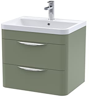 Balterley Vanity Unit with Basin Wall Hung, 2 Drawer Soft Close with Rectangular Sink and Handles, Bathroom Vanity Units with Basin, Bathroom Sink Storage Cabinet - 610 x 450 x 540mm (Green)