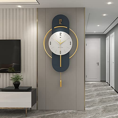 ClockUniverse: Blue and Gold Pendulum Wall Clock - Large 84cm x 42cm Midnight Blue, Silent Non-Ticking Decorative for Living Room