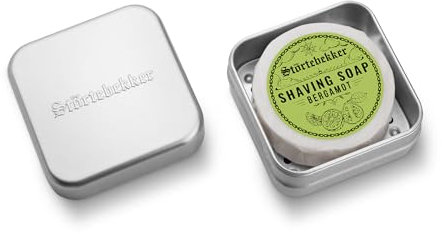 Störtebekker® Premium Savon à Rasage Bergamote & Boîte à Savon - Boîte à Savon en aluminium avec Savon à Rasage en différentes Variantes - Savon à Rasage végétalien fabriqué à la Main