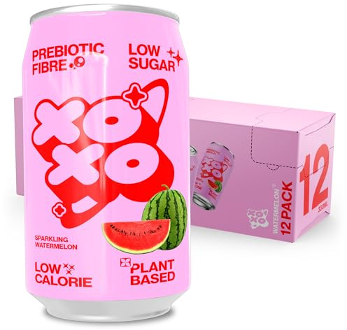 XOXO Watermelon Prebiotic Soda (12 x 330ml Cans) | Refreshing Sparkling Prebiotic Drink With 6g of Plant-based Prebiotic Fibre | Natural & Low Sugar & Low Calorie Drink | High in Fibre