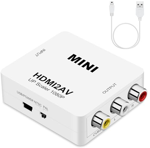 Coolden HDMI auf RCA Konverter HDMI zu AV Adapter Mini HDMI 1080P Composite Video Audio Konverter mit USB Ladekabel Unterstützung PAL/NTSC für PC Laptop Xbox TV DVD PS2 PS3 Wii VHS BlueRay Weiß