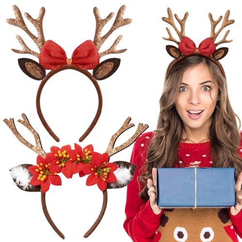 BOOMTOP 2 Haarreifen Weihnachten Rentier Geweih Weihnachts Haarband Glitzer Reh Haarreif Kostüm Weihnachtsstirnband mit Blume Schleife Glöckchen Weihnachten Haarschmuck Adventskalender Füllung