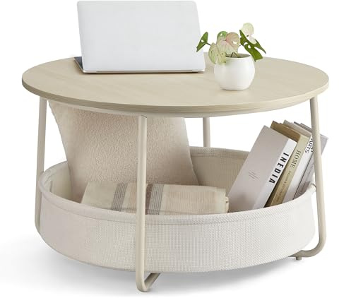 VASAGLE LILEA Kollektion - Couchtisch rund, Tisch mit Stauraum, Beistelltisch, Wohnzimmertisch mit Korb aus Stoff, modern, Metallrahmen, naturbeige-cremeweiß LCT244K01