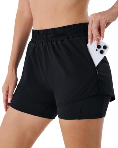Hanyomo Donna 2 in 1 Pantaloncini da Corsa Yoga Fitness Bodybuilding Vita Alta Pantaloncini da Palestra con Fodera Tasche con Cerniera Nero L