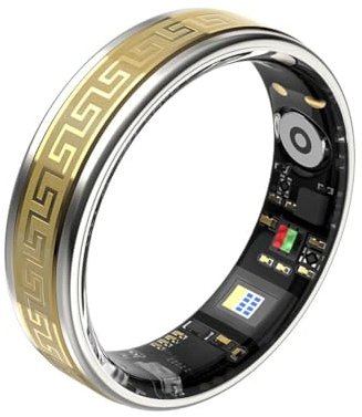 HGTRH Anillo Conectado, Anillo Inteligente con Rotación de 360° Frecuencia Cardíaca Oxígeno En Sangre Presión Arterial Control Remoto Monitor de Sueño Gold and Silver 8#