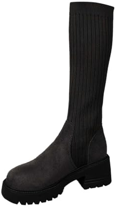 Stivali Lunghi Donna Elasticizzati Maglia con Suola Spessa Tacco Medio Punta per Stagioni Autunno Inverno Moda Calzature Comode Eleganti (Black, 37)