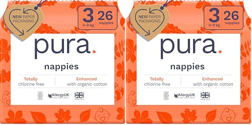 Pura Couches Écologiques Taille 3 (4-9kg), 2 Paquet de 26 Ultra Douces pour Peau Sensible, en Coton Bio, 12 Heures de Protection