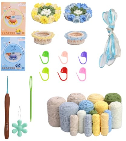 Underlägg med virkade blommor - DIY handgjord blomset, 3D-bord, mjukt garnmaterial, handgjort kit för att förbättra C-inredningen