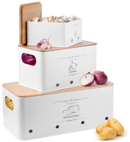 KALBIGRO Porta Patate Cipolle Aglio, Set di 3 Contenitore Patate e Cipolle e Aglio, Porta Cucina con con Coperchio in Bambù e Fori di Ventilazione, Bianco