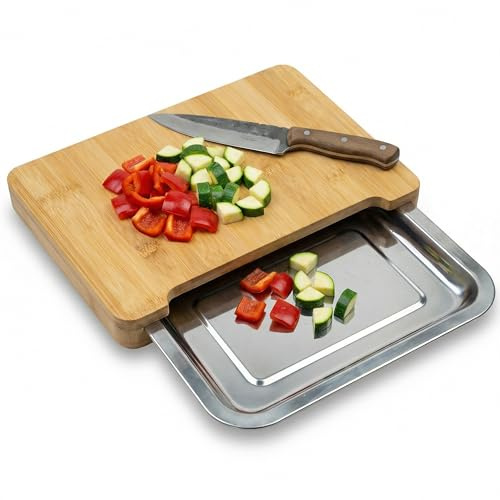 naturlik Tagliere da Campeggio per Camper e Van con Vaschetta in Acciaio Inox Magnetica – Tagliere in Bambù Salvaspazio per Cucina Camper, Vanlife, Caravan e Outdoor – Accessorio Camper