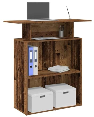Runheo Bancone per ricevimento, effetto legno anticato, 100 x 40 x 104 cm, bancone con scaffale, per ufficio, bancone da negozio, versatile, per home office e studio