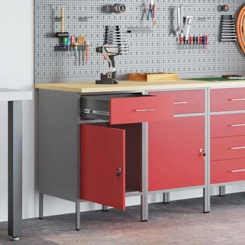 LoogCape Arbetsbänk med lådor, 2 stycken, röd, grå, 100 x 55 x 85 cm, robust träståldesign för verkstad, garage, källare, förvaringsutrymme, organisation, perfekt för hobby och proffs