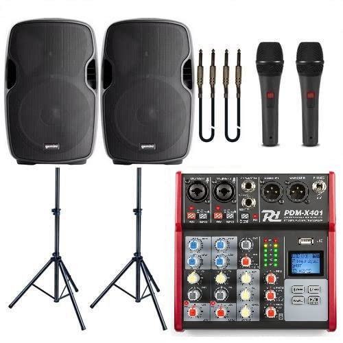 IMPIANTO AUDIO 834 PACK con mixer, coppia di diffusori, supporti, 2 microfoni a filo e cavi, per eventi, hotel, piscine, discobar ecc
